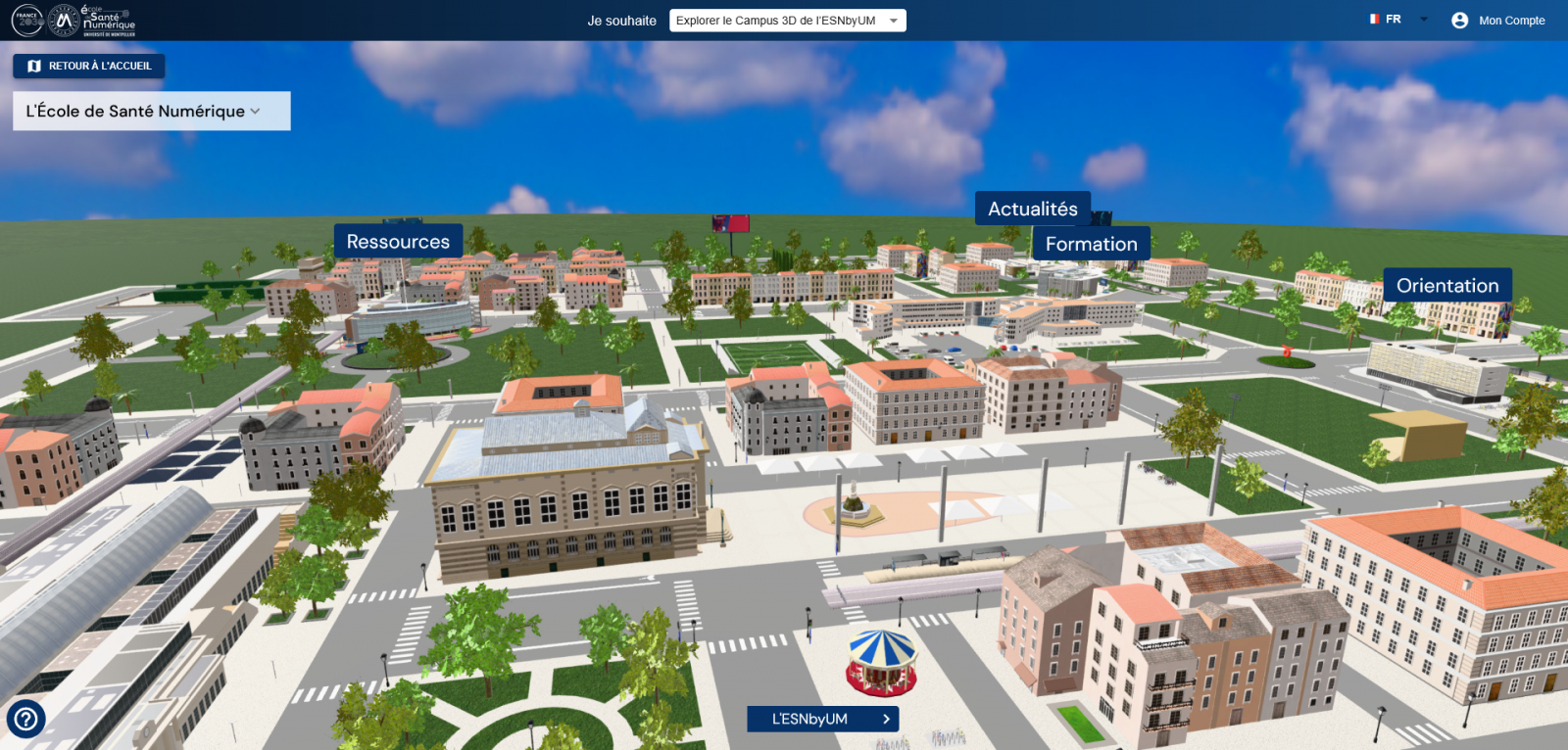 Aperçu de l'espace 3D (portail d'accès) du campus numérique